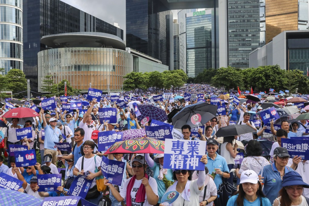Protesters rally in support of the police force outside Hong Kong’s government headquarters on June 30. Photo: K. Y. Cheng
