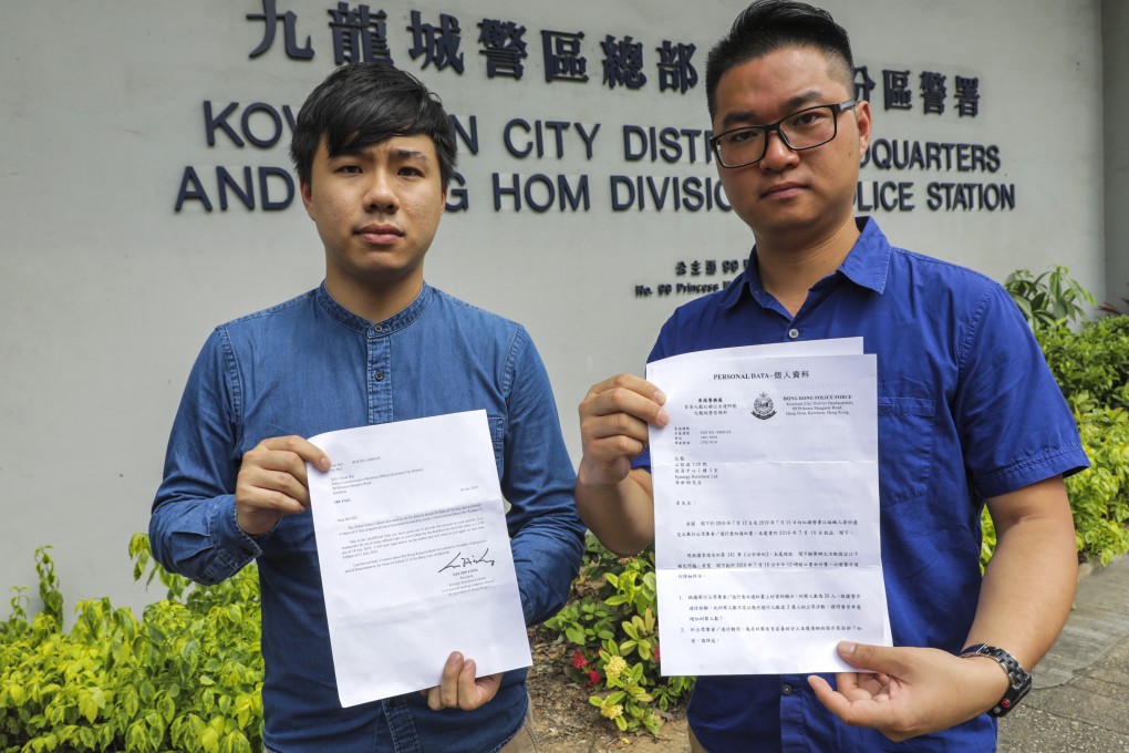Timothy Lee (left) of Synergy Kowloon and Jack Tung, organisers of a rally planned for July 27, with a list of questions police asked them. Photo: May Tse