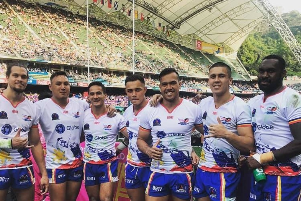 The Philippines Volcanoes rugby team, with Ryan Howe (third left) and Rob Fogerty (centre) at the Hong Kong Sevens. Photo: Facebook