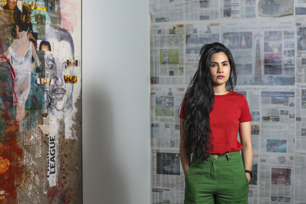 Artist Mandy El-Sayegh at her exhibition in Hong Kong’s Central district, her first in Asia. The tension between parts and the whole in her art finds striking resonance in the tension between Hong Kong and China. Photo: Xiaomei Chen