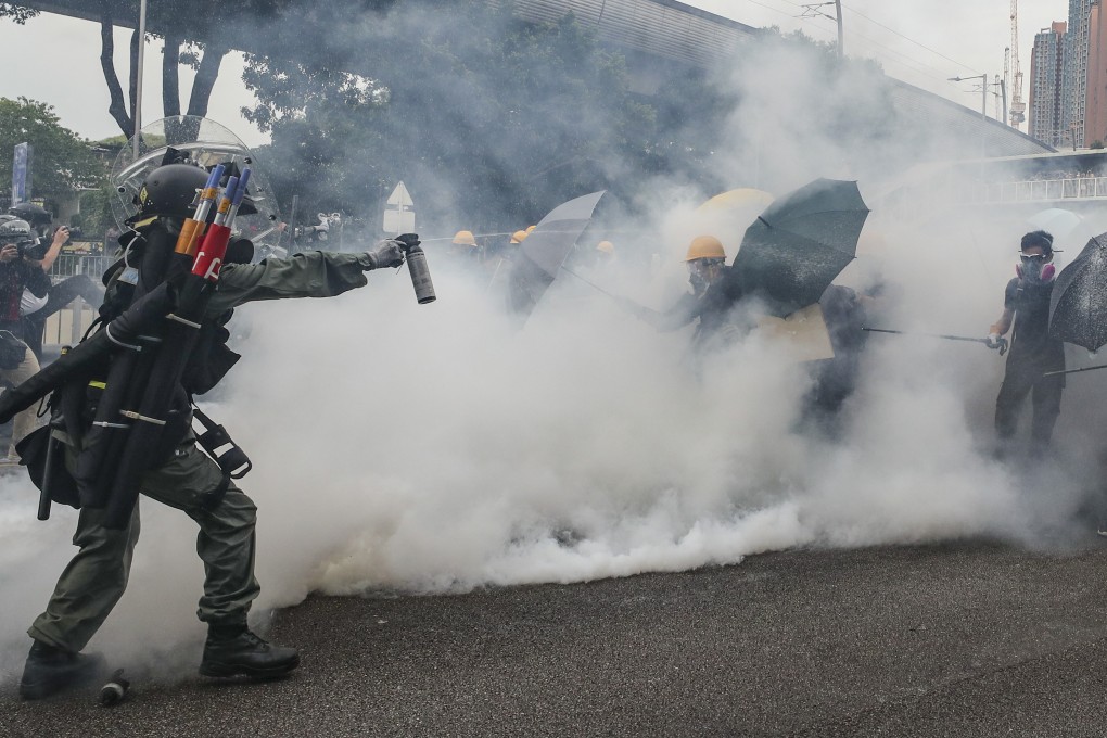 Riot police drive back protesters near Nam Pin Wai village in Yuen Long on Saturday. Photo: Sam Tsang