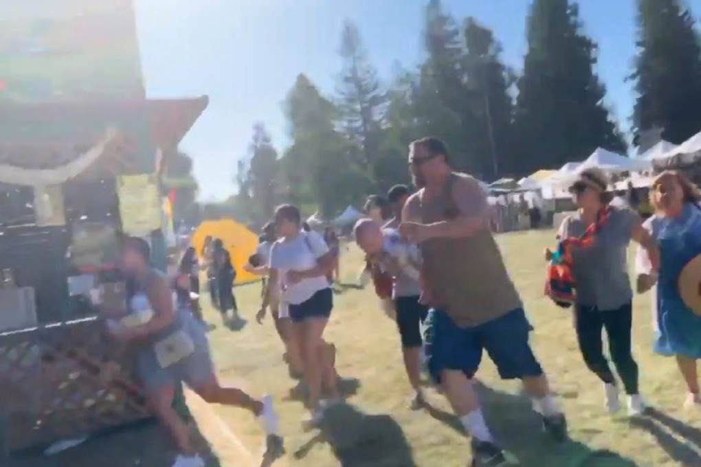 Festival attendees flee amid reports of an active shooter at the Gilroy Garlic Festival in California. Photo: Reuters