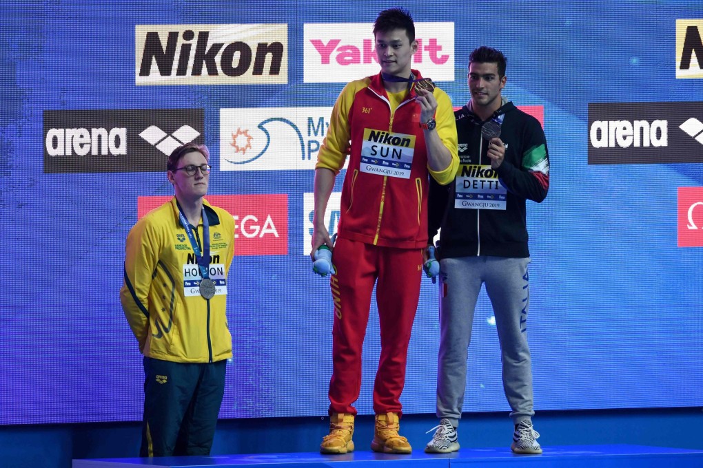To his silver medal for coming second to Sun Yang (centre) in the 400m freestyle, Mack Horton (left) can now add gold for hypocrisy. Photo: AFP