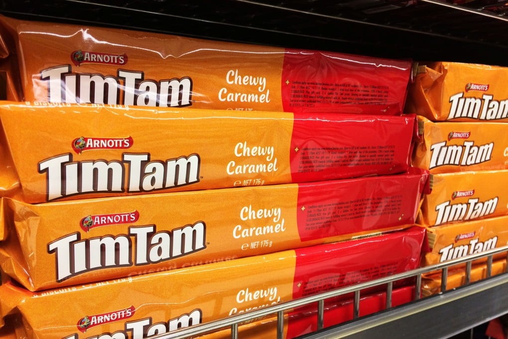 Arnott’s Tim Tam biscuits are pictured on a supermarket shelf in Sydney, Australia. Photo: Reuters