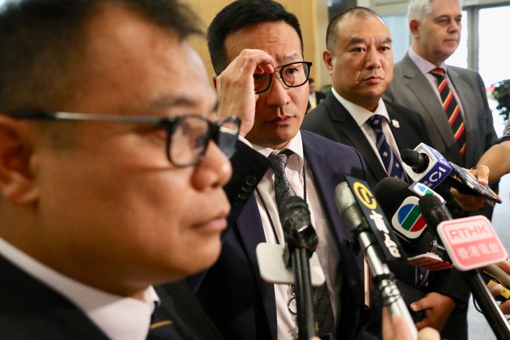 (L-R) Lam Chi-wai, chairman of the Junior Police Officers' Association of the Hong Kong Police Force; Ronny Chan, chairman of Superintendents' Association of Hong Kong Police Force; Wilkie Ng, chairman of the Hong Kong Police Inspectors' Association. Photo: Nora Tam