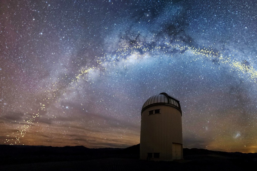 An artist’s rendition shows the warped shape of the Milky Way galaxy over the Warsaw University Telescope at Las Campanas Observatory in Chile. Image: Jan Skowron/University of Warsaw via Reuters