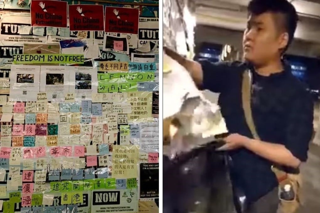 A combination of photos shows a Lennon Wall at Vancouver's Simon Fraser University that once displayed messages in support of the Hong Kong protest movement (left); and a young man destroying the messages, seen in a posted YouTube video (right). Photos: Vancouver Hong Kong Political Activists / YouTube