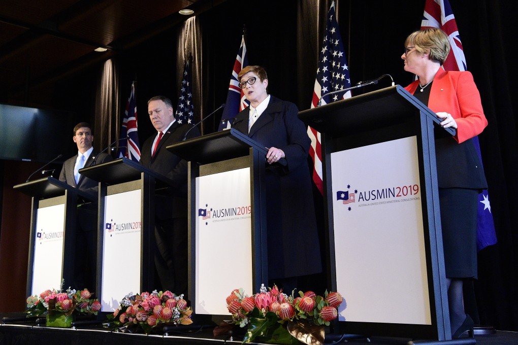 From left: US Secretary of Defence Mark Esper, US Secretary of State Mike Pompeo, Australian Foreign Minister Marise Payne and Australian Defence Minster Linda Reynolds discuss the US-Australian alliance in Sydney on Sunday. Photo: EPA-EFE