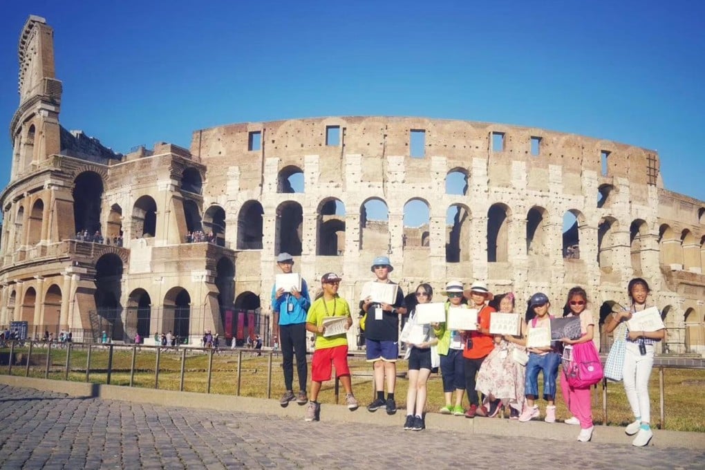 A group of Chinese children with their drawings of Rome’s Colosseum during a summer study tour of Italy. Photo: Chan Lee