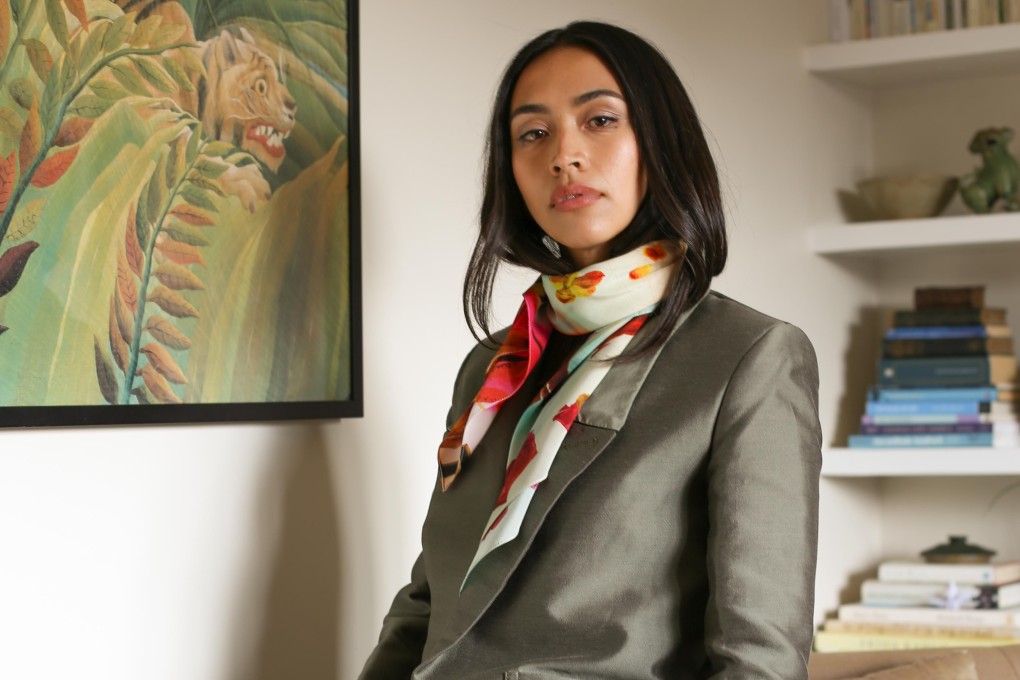London-based Thai designer Lisa King in one of her vibrant scarf prints, called Spring Frost, worn with a Teatum Jones jacket. Photo: Thomas Serre