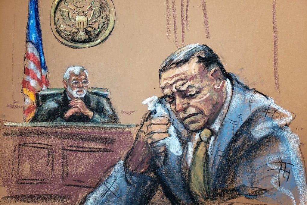 A courtroom sketch shows Cesar Sayoc weeping during sentencing at the federal court in Manhattan on Monday. Image: Jane Rosenberg via Reuters