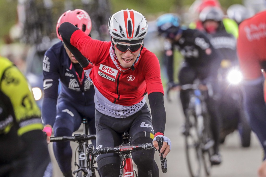 Belgian rider Bjorg Lambrecht of the Lotto Soudal team in action during the Liege Bastogne Liege one day classic cycling race near Houffalize, Belgium. Photo: Epa-EFE/Julien Warnad