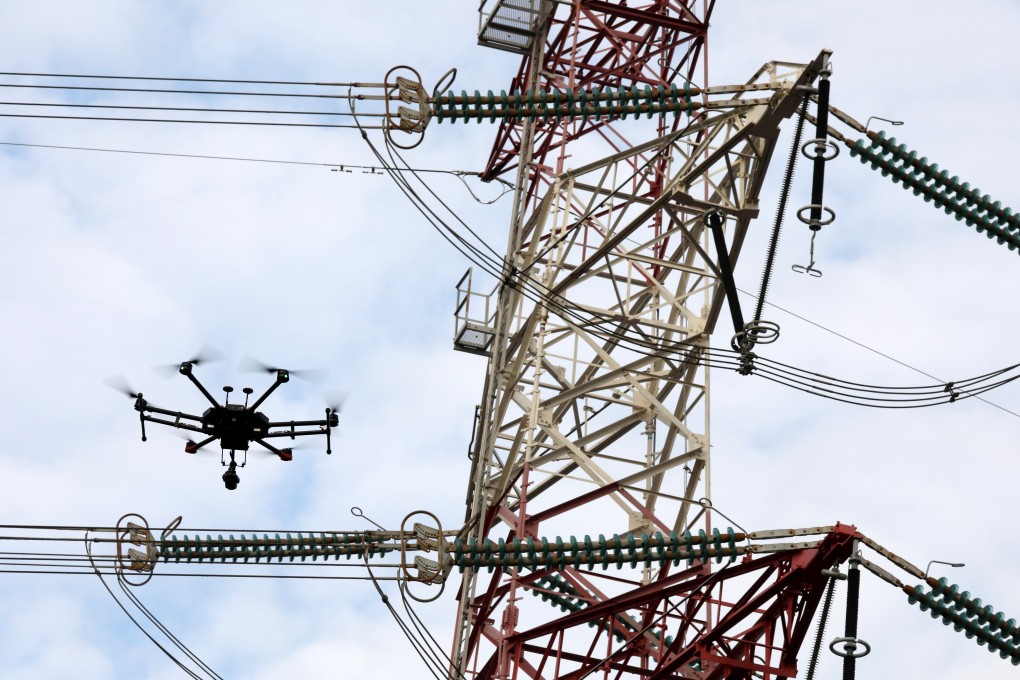 A drone inspects CLP electricity pylons in Siu Hong, Tuen Mun. Photo: Nora Tam