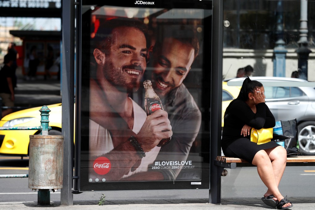 An ad, part of a campaign by Coca-Cola promoting gay acceptance, is seen in Budapest, Hungary, on Monday. The writing on the billboard reads: “Zero sugar, zero prejudice.” Photo: Reuters