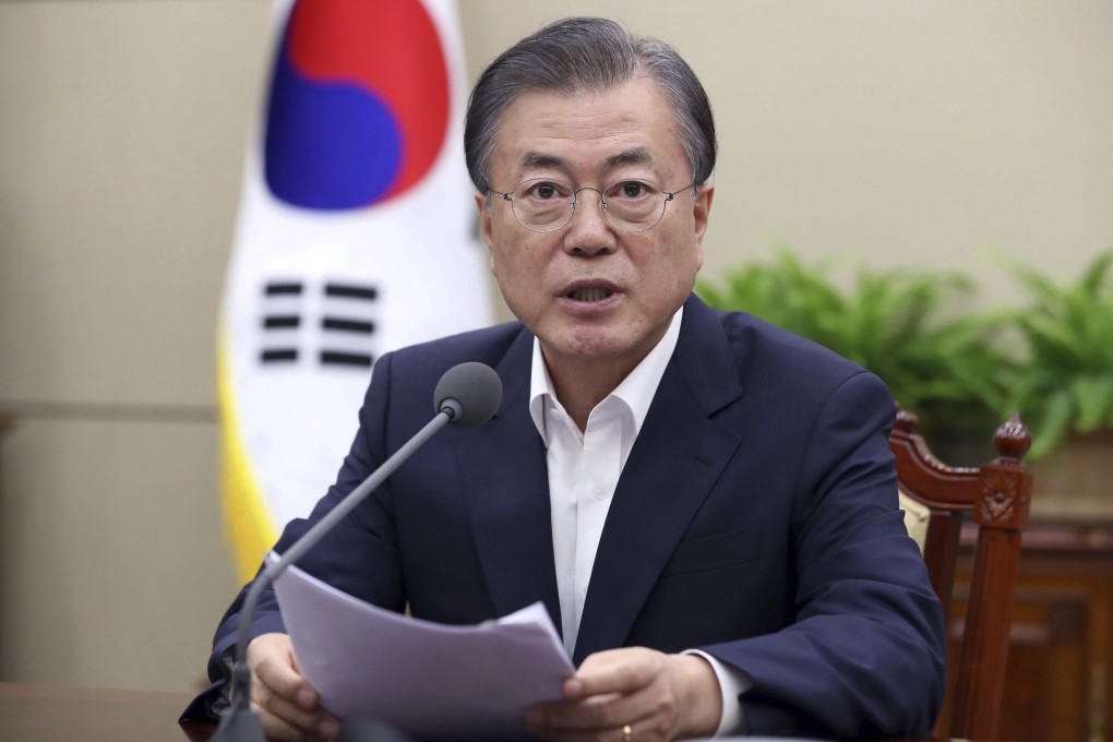 South Korean President Moon Jae-in speaks during a meeting with his senior aides at the presidential Blue House in Seoul on Monday. Photo: AP