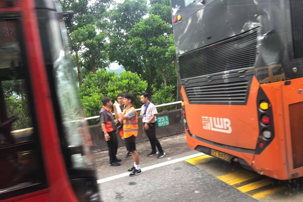 Two buses from different companies collided near the Pat Heung entrance of the Tai Lam Tunnel during the rush hour on Wednesday morning. Photo: Facebook