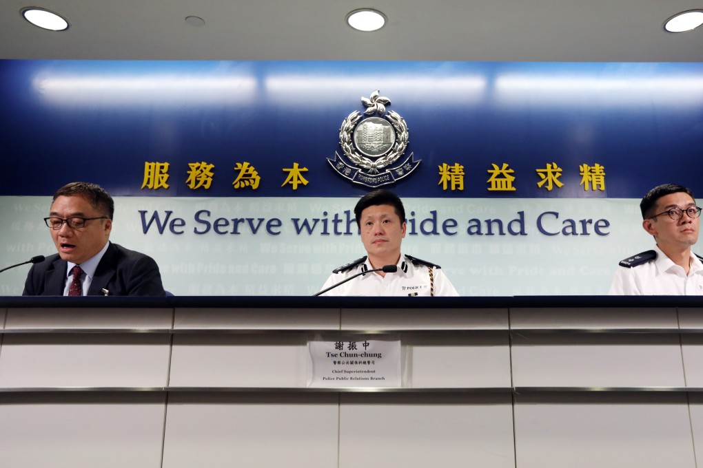 Chief Superintendent of Police Public Relations Branch John Tse (centre) says the beams emitted from the laser pointers can “flash blind” someone and also cause serious eye injuries. Photo: Roy Issa