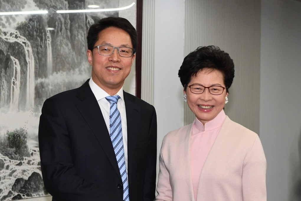 Chief Executive Carrie Lam (right), meets the director of the Hong Kong and Macau Affairs Office Zhang Xiaoming in Beijing last year. Photo: Handout