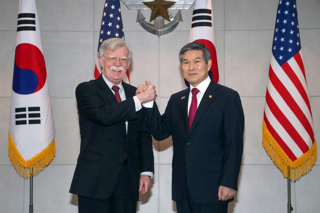 US National Security Adviser John Bolton (left) and South Korean Defence Minister Jeong Kyeong-doo meet in Seoul last month. Photo: Reuters