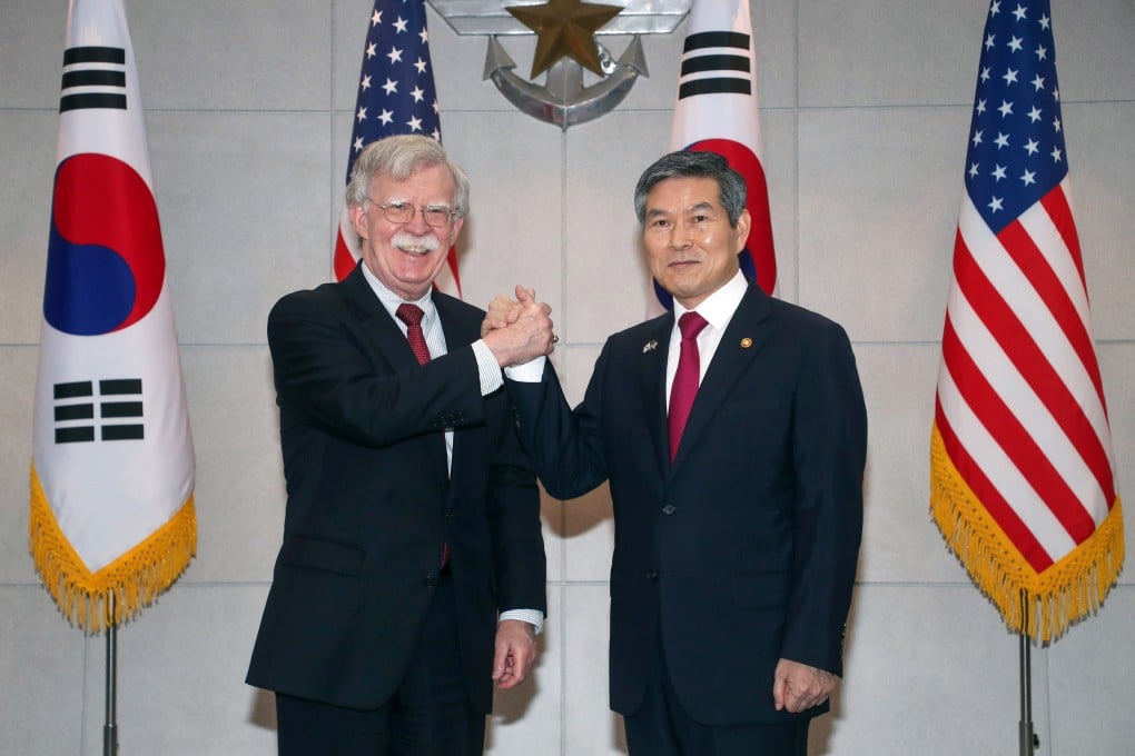 US National Security Adviser John Bolton (left) and South Korean Defence Minister Jeong Kyeong-doo meet in Seoul last month. Photo: Reuters