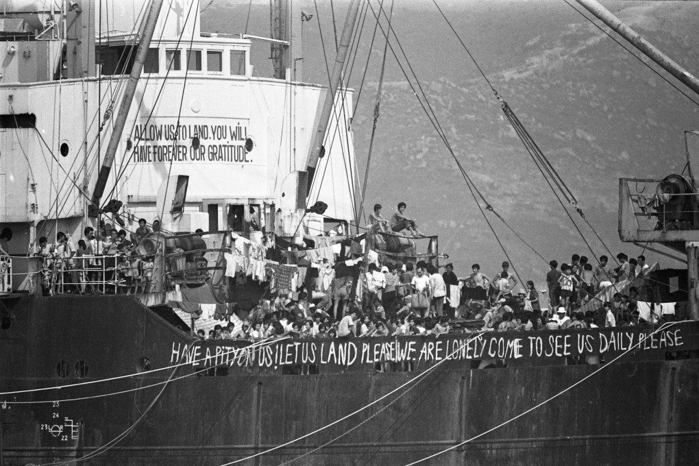Vietnamese people on board a refugee boat off Lamma Island in Hong Kong. Photo: P.Y. Tang