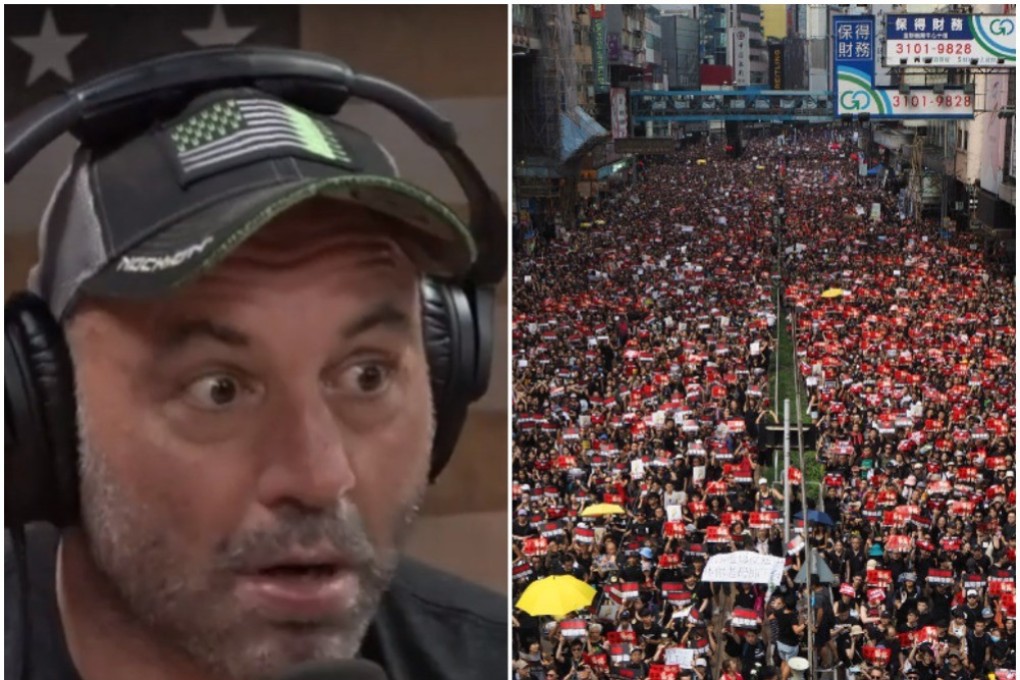 Joe Rogan (left) looks on in amazement at pictures of large crowds from the ongoing Hong Kong protests. Extradition bill protesters (right) clad in black walked through the streets of Causeway Bay on June 16. Photo: YouTube/Antony Dickson