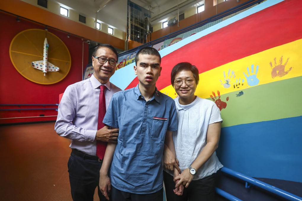 (From left) Billy Law, superintendent of Haven of Hope Sunnyside Enabling Centre (Tseung Kwan O), Heihei Tsang; and his mum Renee Lai. Photo: Jonathan Wong