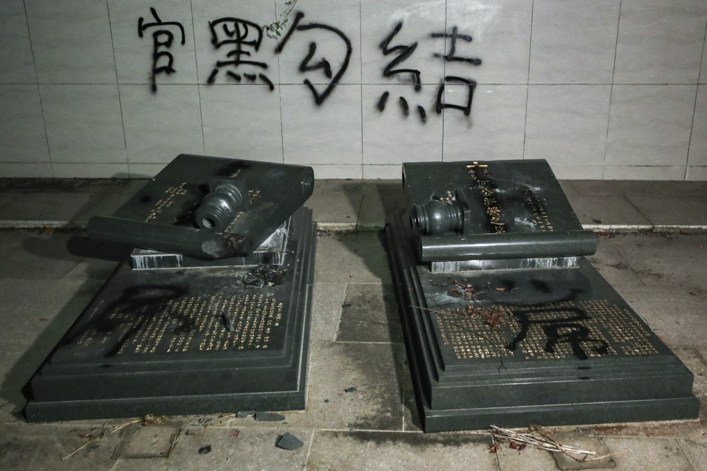 The vandalised graves of the parents of lawmaker Junius Ho, on July 23. Photo: Sam Tsang