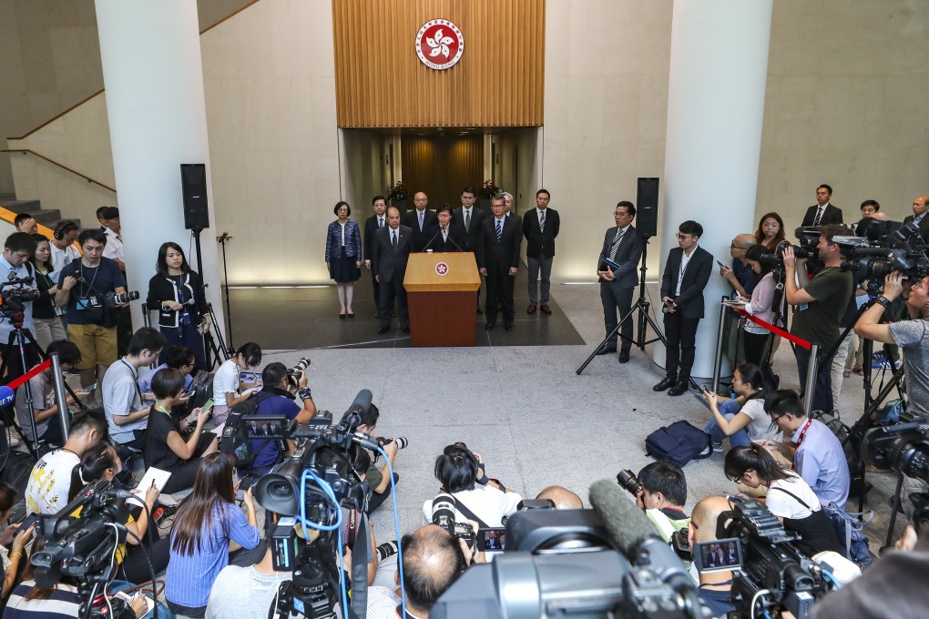Hong Kong Chief Executive Carrie Lam and her top officials meet the media at the government headquarters in Tamar, Admiralty, on August 5. Instead of top-down communication, listening to ordinary people’s opinions in citizens’ assemblies might be a more effective way out the current impasse. Photo: Sam Tsang