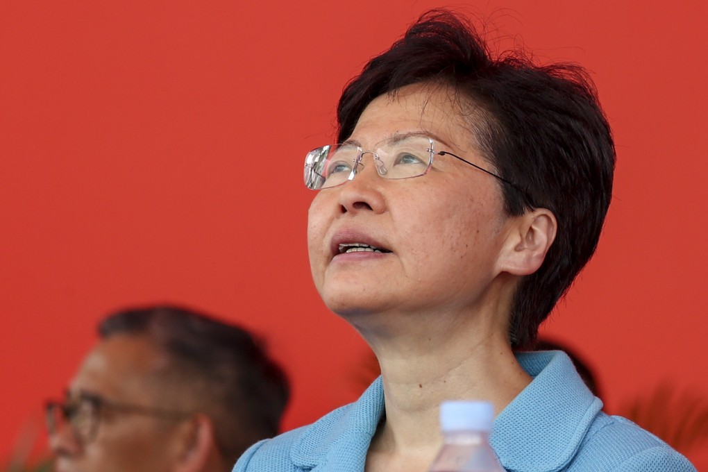 Chief Executive Carrie Lam at San Wai Barracks on Sunday. Beijing has shown full support for the city’s leader, whose popularity has plunged. Photo: Nora Tam