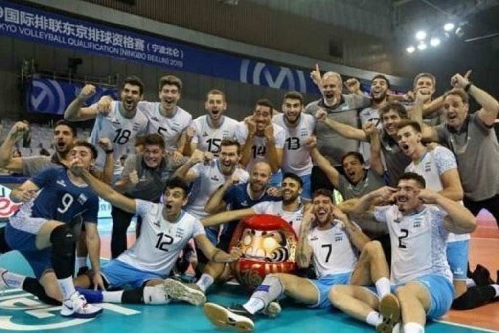 The Argentina men's volleyball team celebrate qualifying for the Tokyo Olympics with their “slant-eyed” gesture. Photo: Instagram