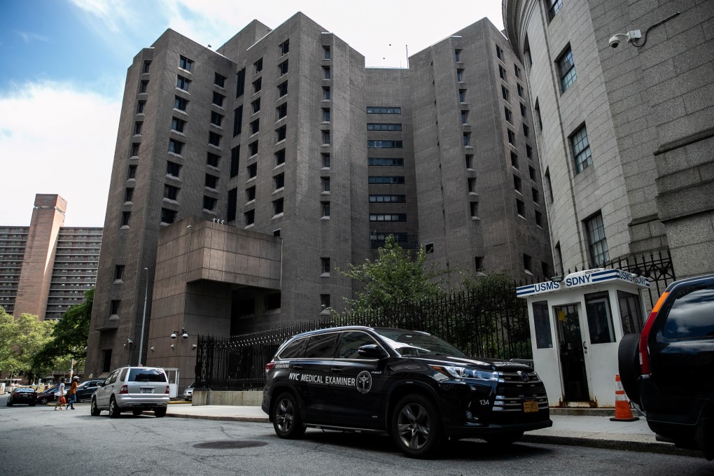 A medical examiner vehicle is seen on Saturday at the Metropolitan Correctional Centre, where Jeffrey Epstein was found dead. Photo: Reuters