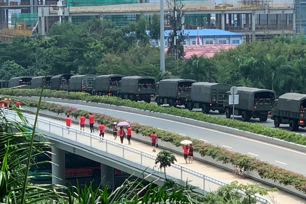 Footage of trucks from the paramilitary People’s Armed Police in Shenzhen has circulated online. Photo: Handout