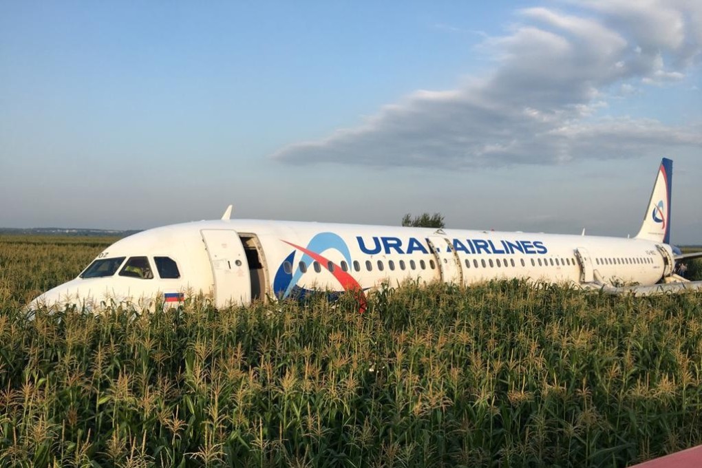 The Ural Airlines Airbus 321 which made an emergency landing in a field near Moscow. Photo: Reuters