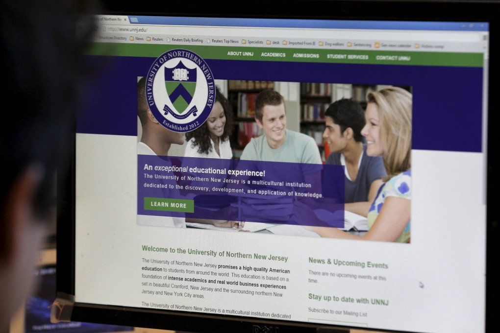 The website for University of Northern New Jersey, a phoney university set up by US authorities, is seen on a screen in New York in April 2016. Photo: Reuters