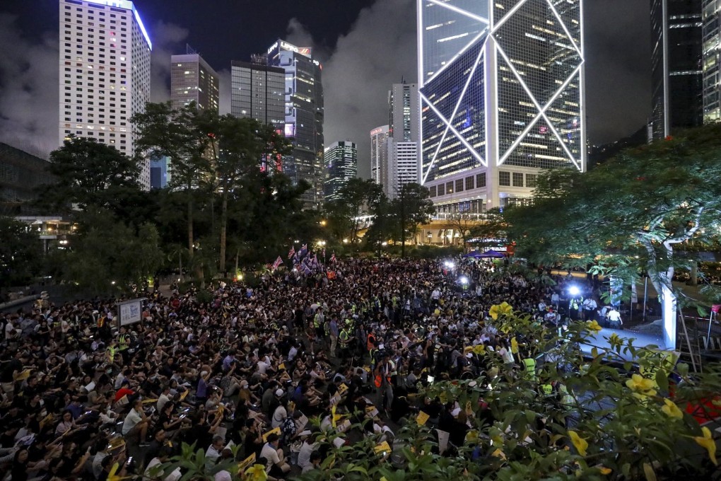 Extradition bill protesters at a rally organised by student groups at Chater Garden, Central on Friday night. Photo: Dickson Lee