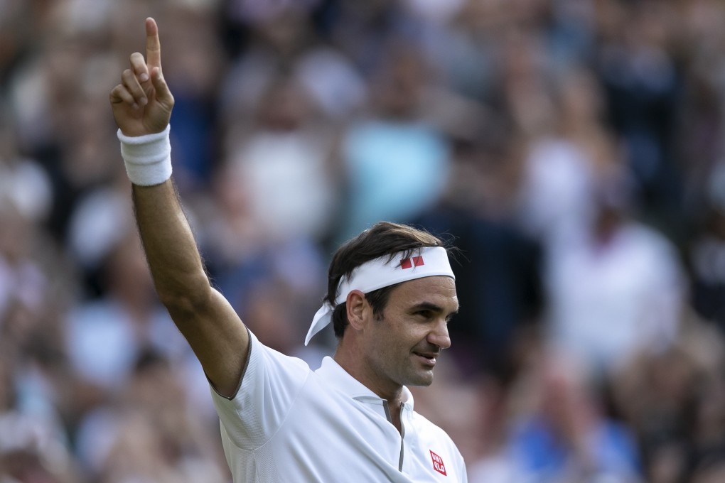 Roger Federer celebrates victory after the men's singles semi-final match at Wimbledon 2019. Photo: Xinhua
