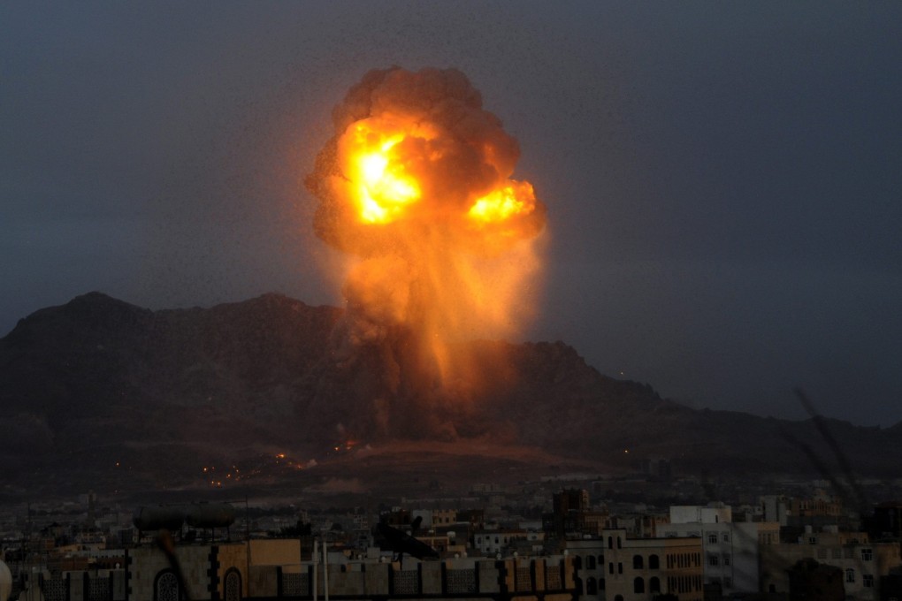 A huge explosion rocks the Yemeni capital of Sana’a in 2015. Photo: EPA