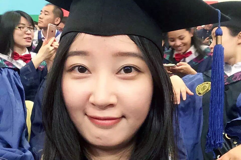 A 2016 selfie provided by her family shows Zhang Yingying in a cap and gown for her graduate degree in environmental engineering from Peking University Shenzhen Graduate School. Photo: Zhang family via AP