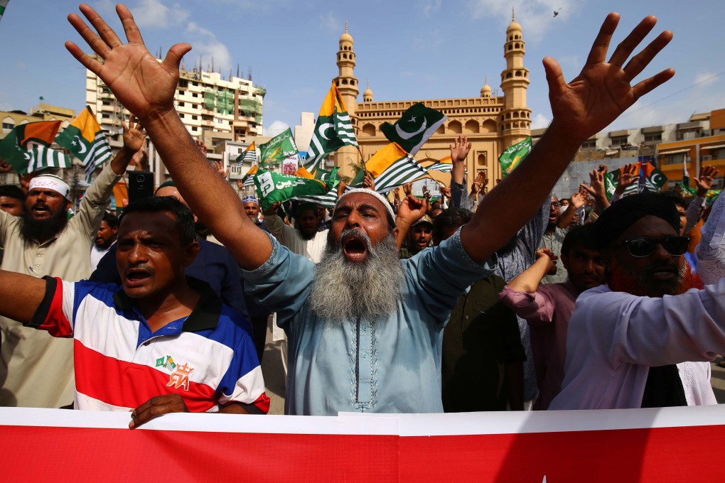 Protesters shout slogans at a demonstration in Karachi, Pakistan, on Tuesday over the situation in Kashmir. Photo: EPA-EFE
