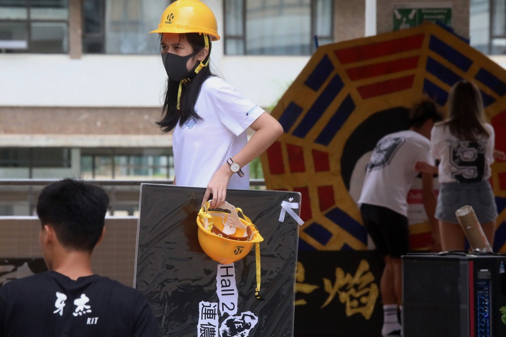 Some students dressed in full protest gear on orientation day at Hang Seng University, Sha Tin on Tuesday. Photo: K.Y. Cheng