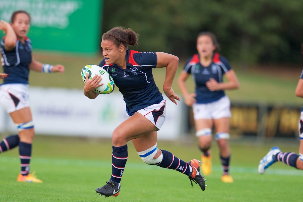 Natasha Olson-Thorne breaks away for Hong Kong during the Rugby World Cup 2017, in Ireland. Photo: HKRU