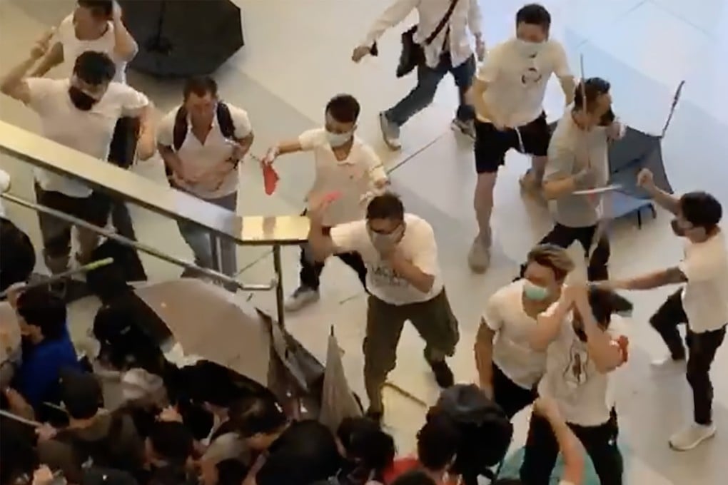 White-clad men hit Yuen Long MTR station on July 21. Photo: SCMP