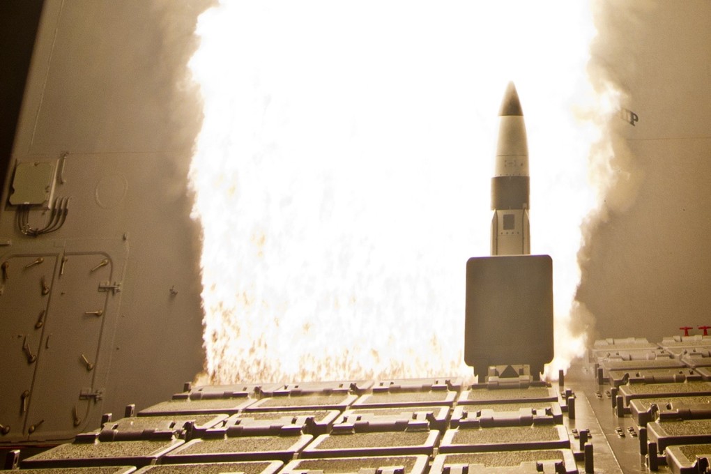 A Standard Missile Block IB interceptor is launched from the USS Lake Erie guided missile cruiser during a Missile Defence Agency test in the mid-Pacific in June 2012. Photo: Raytheon via Reuters