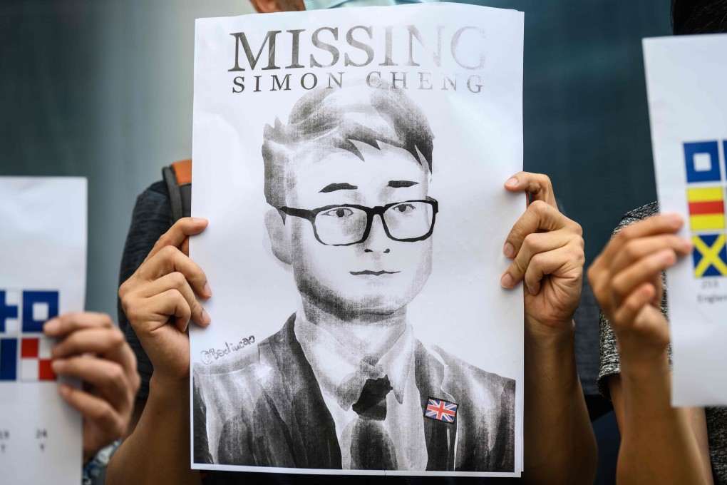 Activists concerned about the welfare of Simon Cheng gather outside the British consulate in Hong Kong on Wednesday. Photo: AFP