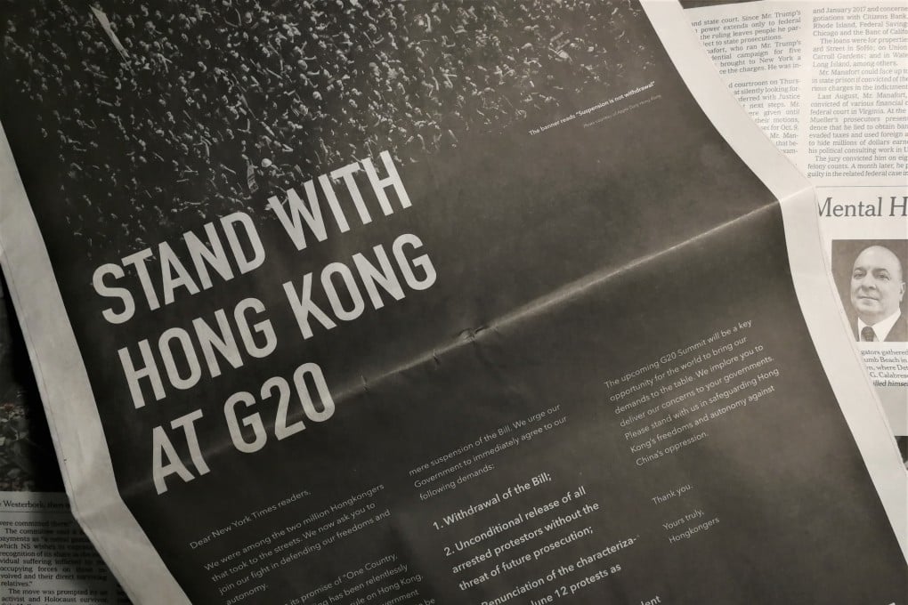 Ads placed in international newspapers in June urge readers to prevail on their governments’ representatives at the G20 summit to stand with Hongkongers opposed to the now-shelved extradition bill. Photo: Owen Churchill