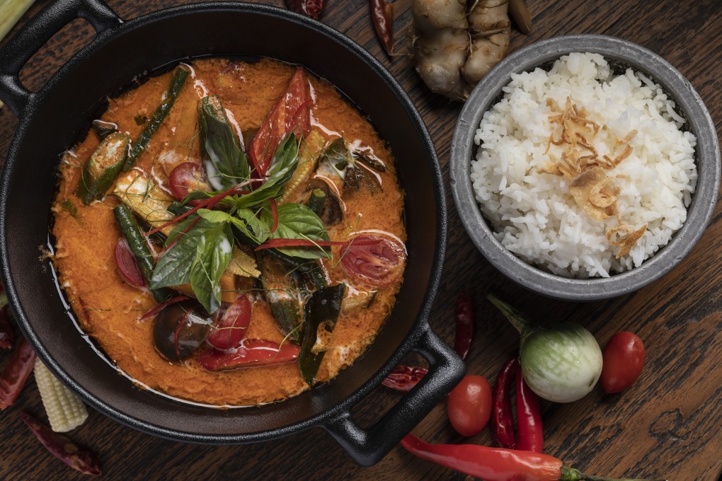 Mama San’s rich red curry comes loaded with pumpkin, tofu, long beans and okra.
