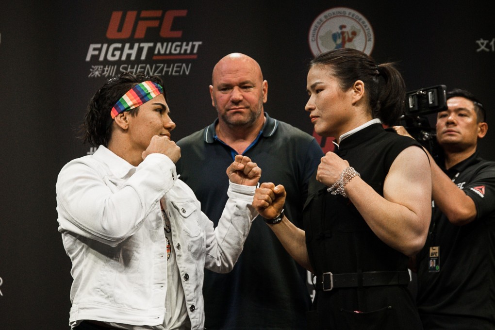 Jessica Andrade (left) faces off with Zhang Weili in Shanghai as Dana White looks on. Photo: Handout