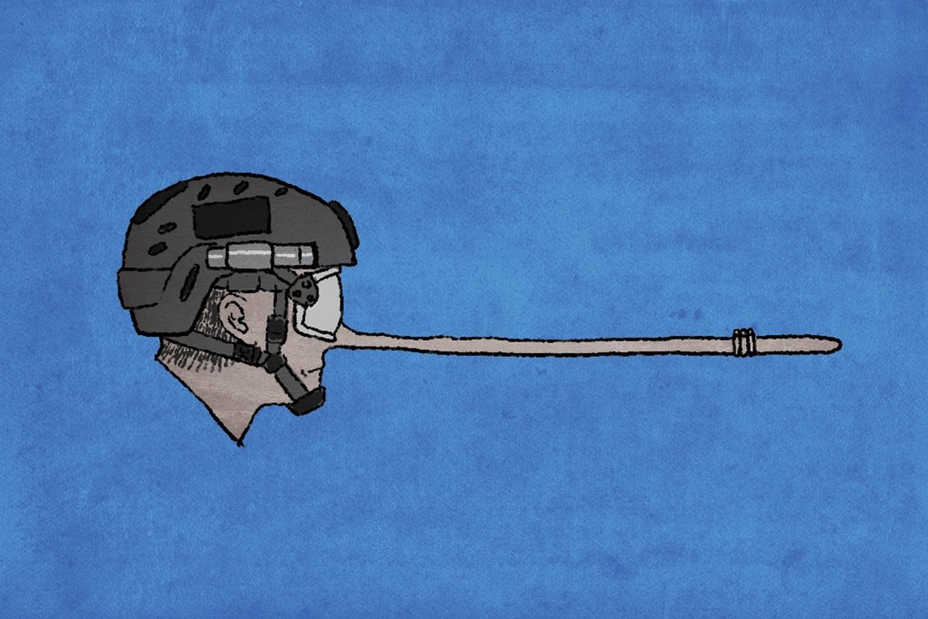 Illustrator Katrina calls out police with a Pinocchio-inspired poster after additional devices seen on the baton of a special tactical force officer were described as cable ties used to fasten a piece of rope.