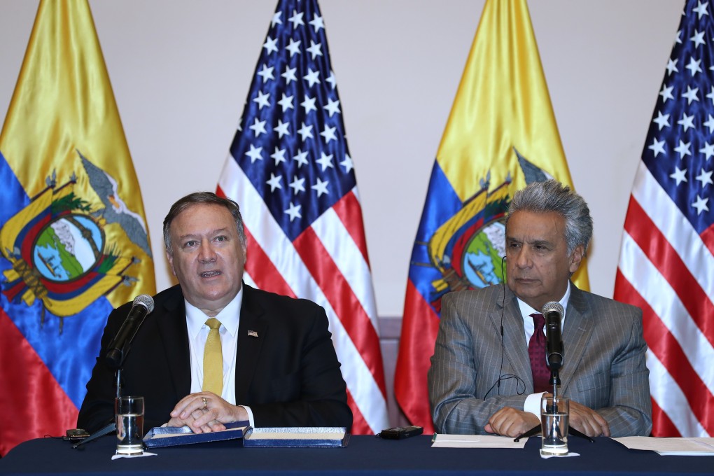 US Secretary of State Mike Pompeo speaks during a joint press conference with Ecuadorian President Lenin Moreno on July 20. Pompeo visited Ecuador as part of a tour of Latin America, and later that month Chinese Foreign Minister Wang Yi visited Brazil and Chile. Photo: EPA-EFE